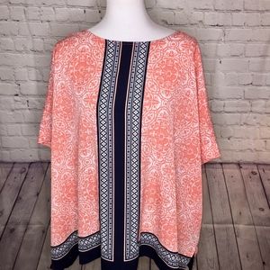 Coral and Navy Blue Printed Blouse, size 3X